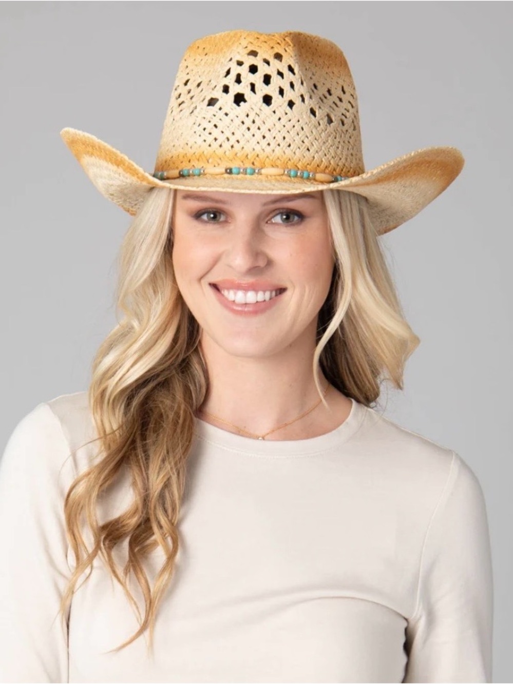 San Diego Hat Company Natural Straw Western Hat with Turquoise Bead Accent - Picture 2 of 4